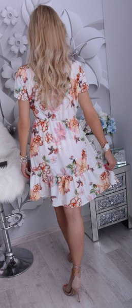 NOWOŚĆ Dziewczęca biała sukienka w kwiaty z kopertowym dekoltem P252A