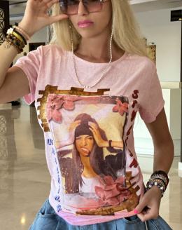 Bawełniany t-shirt bluzka -melanżowy róż- z twarzą dziewczyny P689