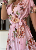 NOWOŚĆ! Różowa sukienka w kwiaty z dekoltem kopertowy P252D